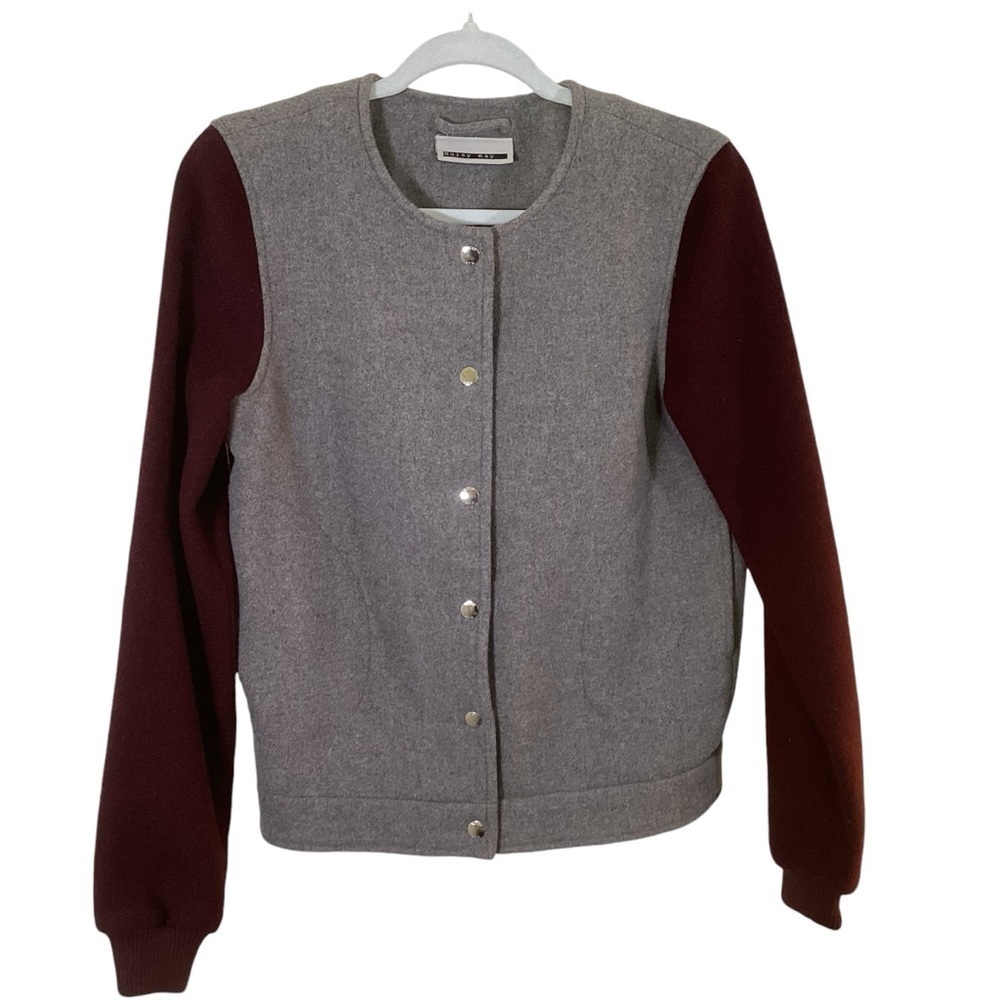 Noisy May Women’s Gray With Burgundy Sleeves Wool Blend Bomber Jacket. Size S